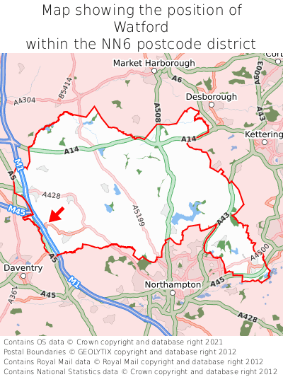 Map showing location of Watford within NN6