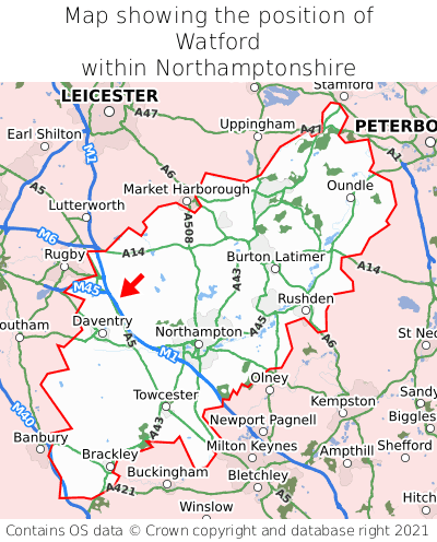 Map showing location of Watford within Northamptonshire
