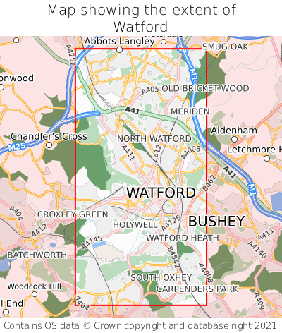 Map showing extent of Watford as bounding box