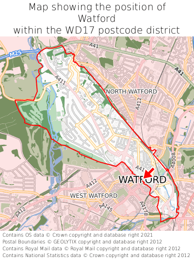 Map showing location of Watford within WD17