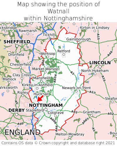 Map showing location of Watnall within Nottinghamshire