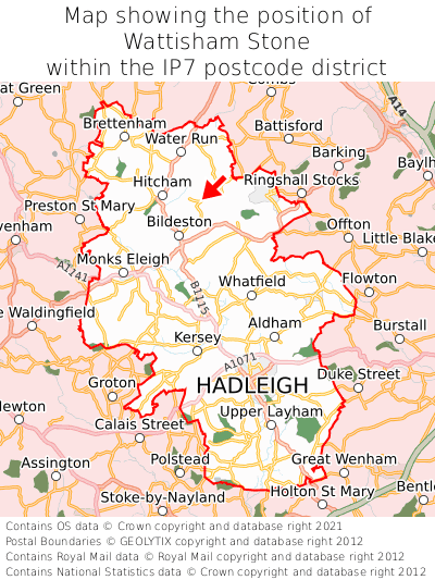 Map showing location of Wattisham Stone within IP7