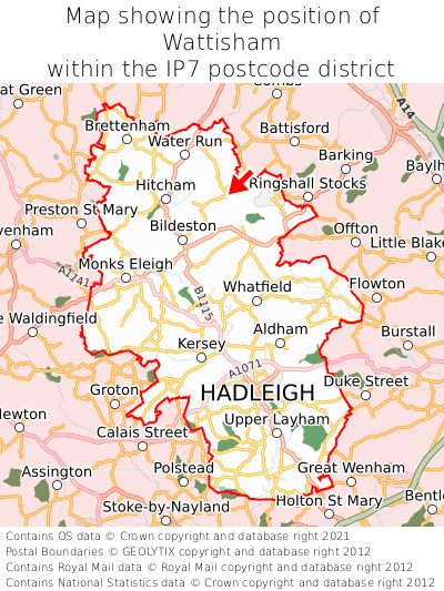 Map showing location of Wattisham within IP7