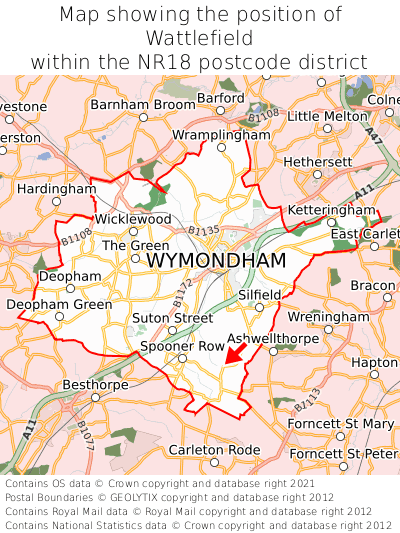 Map showing location of Wattlefield within NR18