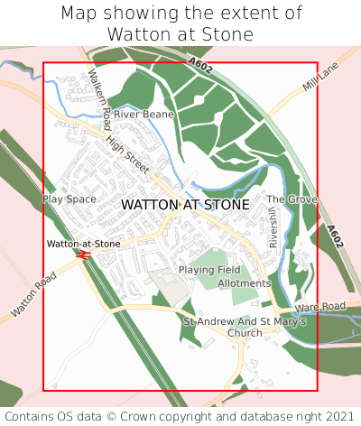 Map showing extent of Watton at Stone as bounding box