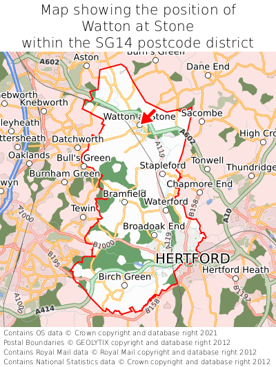 Map showing location of Watton at Stone within SG14