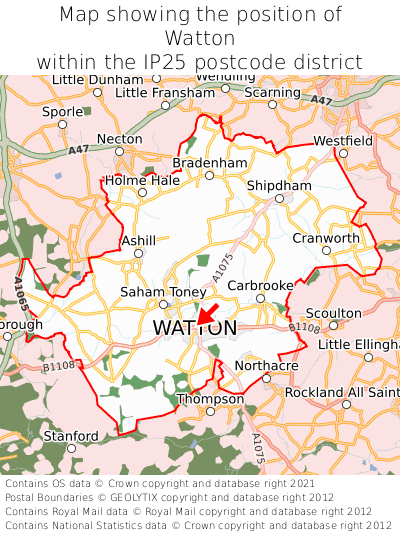 Map showing location of Watton within IP25