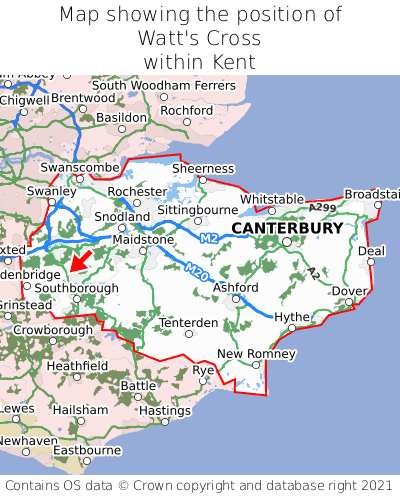 Map showing location of Watt's Cross within Kent