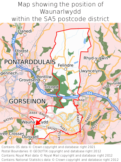 Map showing location of Waunarlwydd within SA5