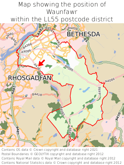 Map showing location of Waunfawr within LL55