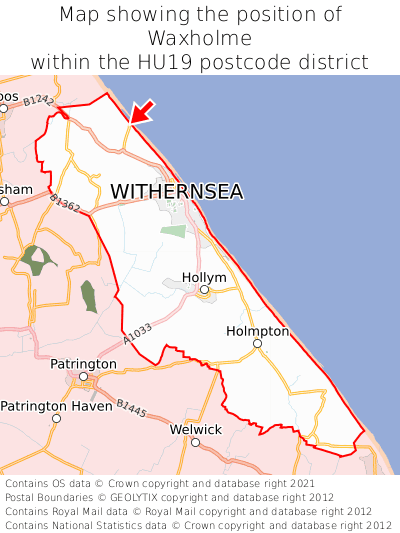 Map showing location of Waxholme within HU19