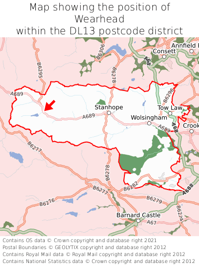 Map showing location of Wearhead within DL13