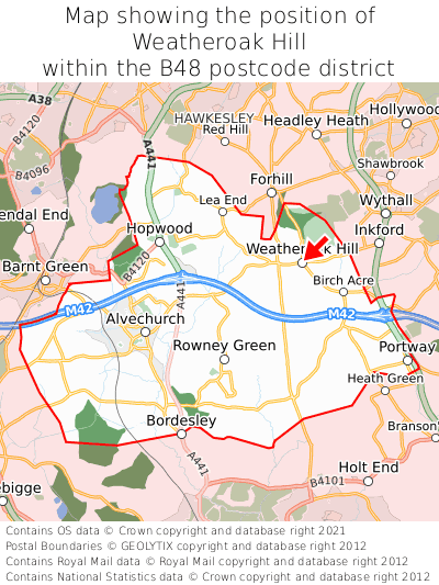 Map showing location of Weatheroak Hill within B48