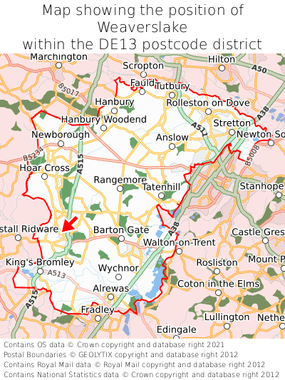 Map showing location of Weaverslake within DE13