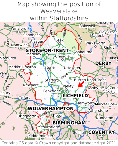 Map showing location of Weaverslake within Staffordshire