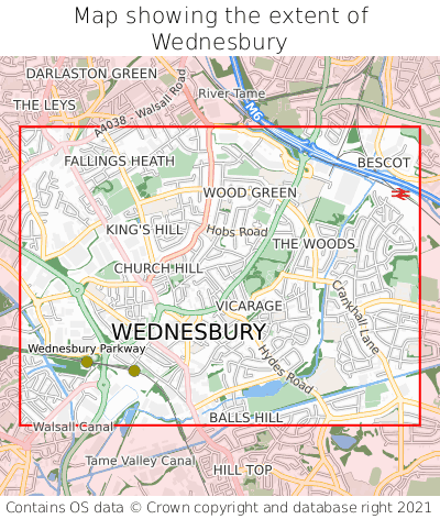 Map showing extent of Wednesbury as bounding box