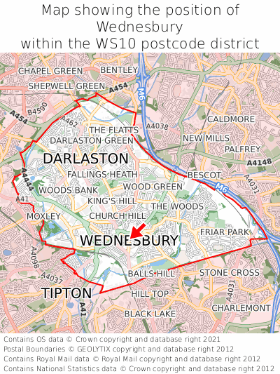 Map showing location of Wednesbury within WS10