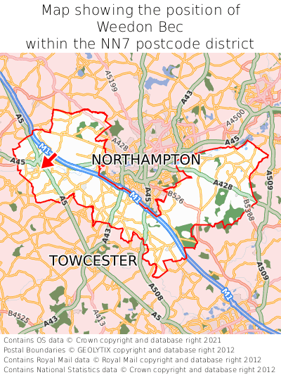 Map showing location of Weedon Bec within NN7