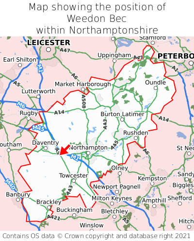 Map showing location of Weedon Bec within Northamptonshire