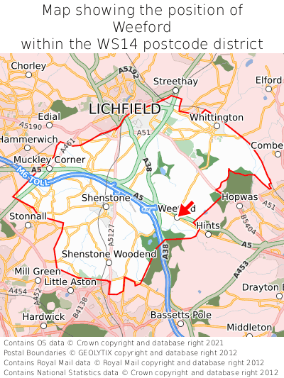 Map showing location of Weeford within WS14