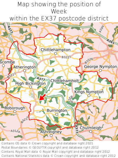Map showing location of Week within EX37