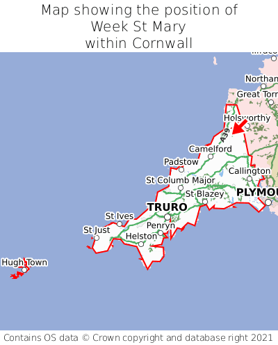 Map showing location of Week St Mary within Cornwall