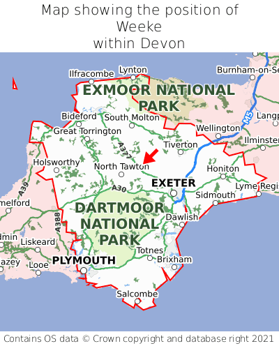 Map showing location of Weeke within Devon