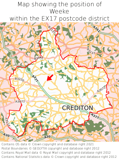 Map showing location of Weeke within EX17