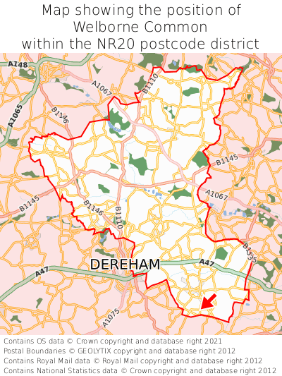 Map showing location of Welborne Common within NR20