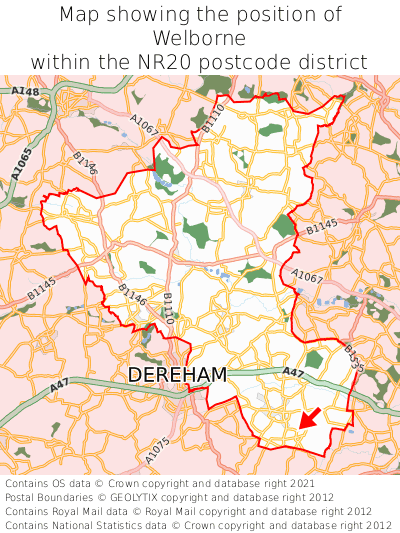 Map showing location of Welborne within NR20