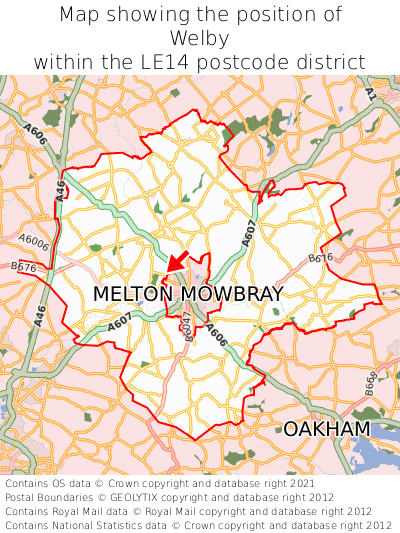 Map showing location of Welby within LE14
