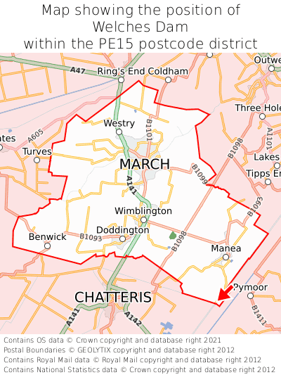 Map showing location of Welches Dam within PE15