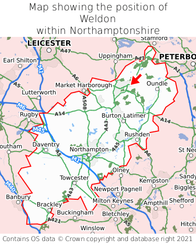 Map showing location of Weldon within Northamptonshire