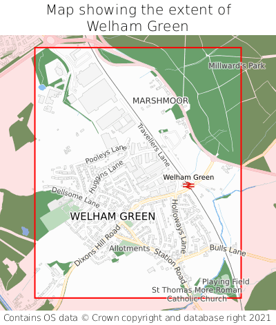 Map showing extent of Welham Green as bounding box