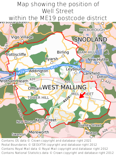 Map showing location of Well Street within ME19