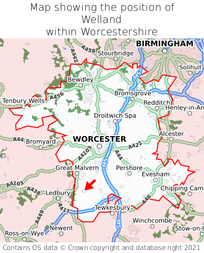 Map showing location of Welland within Worcestershire