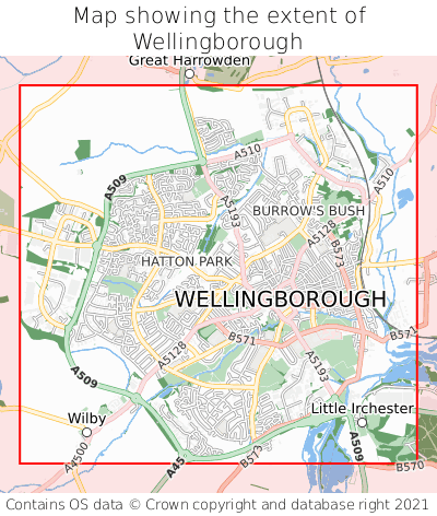 Map showing extent of Wellingborough as bounding box
