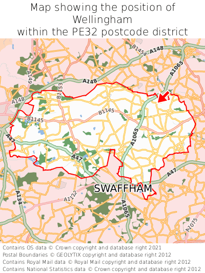 Map showing location of Wellingham within PE32