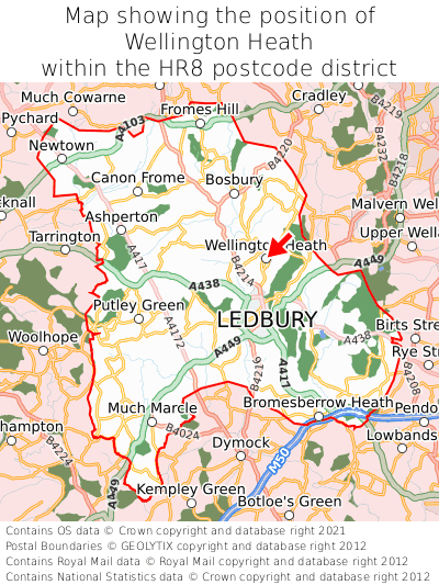 Map showing location of Wellington Heath within HR8