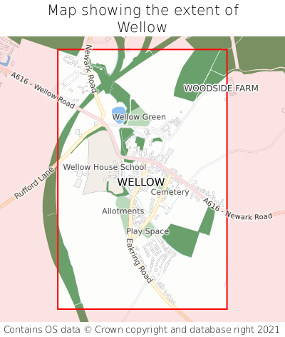 Map showing extent of Wellow as bounding box