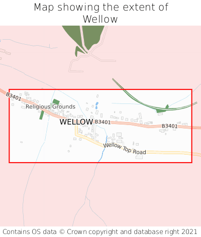 Map showing extent of Wellow as bounding box