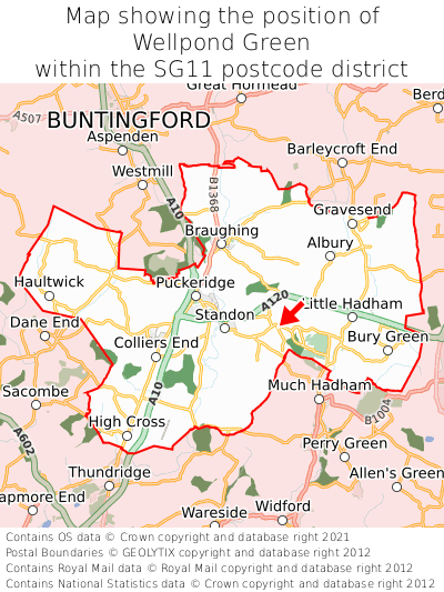 Map showing location of Wellpond Green within SG11