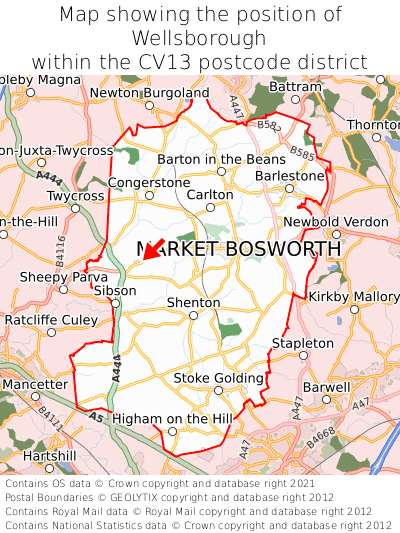 Map showing location of Wellsborough within CV13