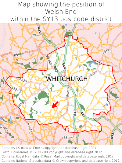 Map showing location of Welsh End within SY13