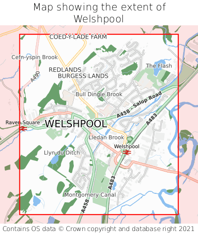 Map showing extent of Welshpool as bounding box