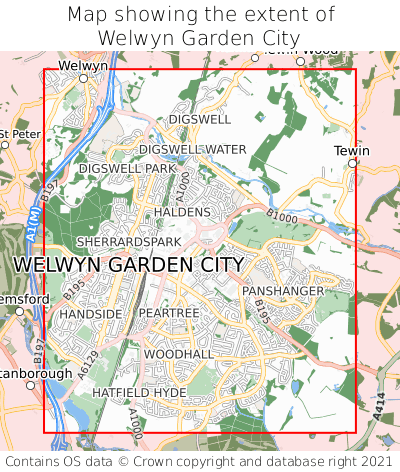 Map showing extent of Welwyn Garden City as bounding box