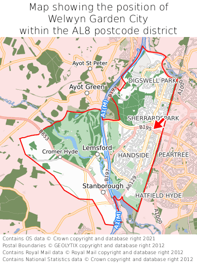 Map showing location of Welwyn Garden City within AL8