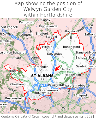 Map showing location of Welwyn Garden City within Hertfordshire