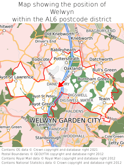Map showing location of Welwyn within AL6