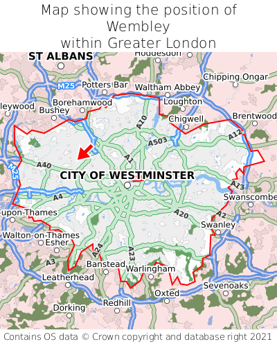 Map showing location of Wembley within Greater London